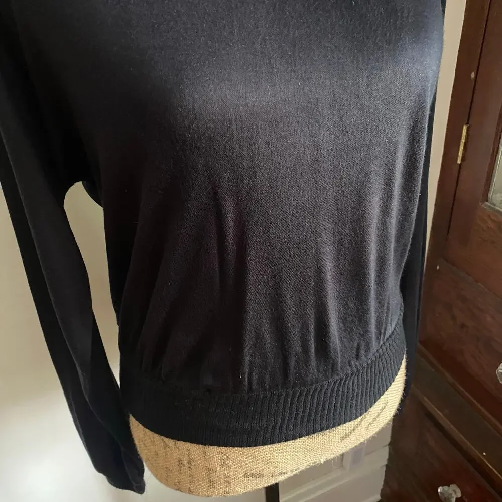70s Vintage Black Boatneck Sweater Size M Buttons Long Sleeve Minimalist Goth